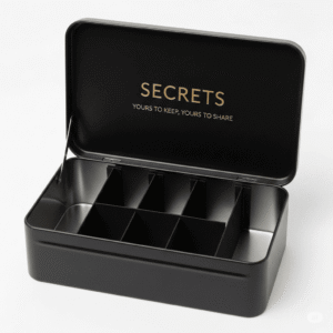 Tin Secrets – Premium Black Tin Box with Tray Divider & Magnetic Closure