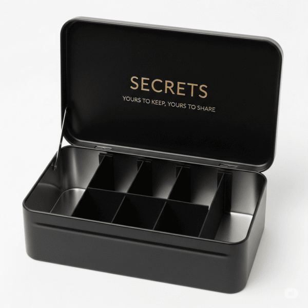 Tin Secrets – Premium Black Tin Box with Tray Divider & Magnetic Closure